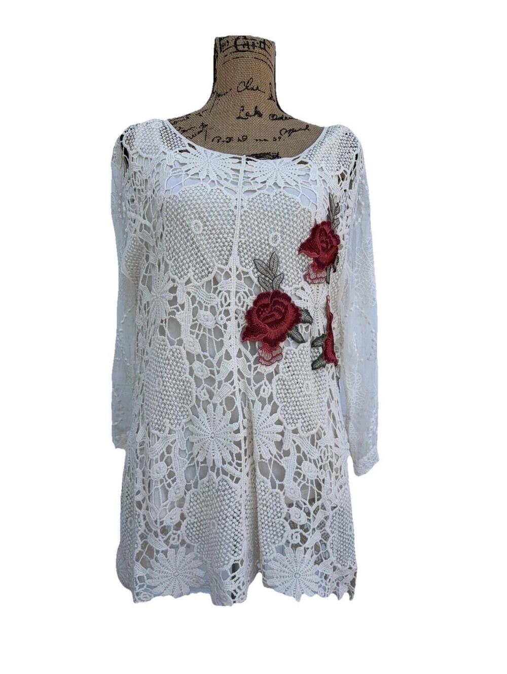 Women's Bedford Fair Cami Lined Lace Cream Blouse Floral Embroidery Size XL